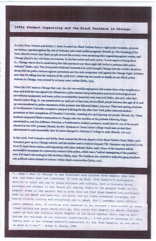 19605 Student Organizing and the Black Pantbers i Chicage  11966 Hocy Newion ad Boby G- Sel foundd the Hlck Pther Party o ight pk brsly promote cluton,opanieapine th v i Viewa, andcomte pblc e (iods 5. T foamdoger Paryshowed carytat Hck peple around thecounery wer sscalstiog U organsig gt e, hicnBlayo byl these oo, Inthe e 19608 s e 1700 core epactof b ack  i Cicago vaet ein oo ht st rytnmight Al it o et el vilence" (Bako, 192). The Democrti ations Conventin 968 bcaghi Chicago et e words oo, o it the plce vicencsagi potcons ] e 1960 cospiac il gt the Chcg B, St et i telling b th vicko a the 1968 DNC, which v ot ey s ddl e Bkt ilenc in Chcae,wascovered by s mary ncws s (Bl ),  Wben the DNC e i Chicathat et the ity vl gt wkth e foe i meghbors o7kl s sgnd it i L ol started sing helcoptes e mor ehclogiat and surelane cqspment; nd many ol ecountsbty e wer e (Bl 15197 A . Martin Lither Kiog Jr.vas szt on Apel gt fh yer v Hlock peplebetwoes the s oo 2 34 wetemurdere by ol epreminof the prtets ot ollowed (Bl 22-214), Thet s i s st Nortiwestom Uriveaty ccsuped o canpn bl th day e Nve Yok ptice et s, potestn o e coupations o Coanbl Unhesy, avsting 700 od rig 150 pople (e, ), These sudens wppored Hlck cormuitis inCicego e themrder  the et loing Kigs  oo, Jecn Peters, Nothmeter todent et okt b e of o e tacheat he DNC ot (o, 37, Sudens CreJurorCollep wald s e ther dminisonion s sty bae s e changed o Mk X Clleg i 1969 (Bt oyt  Inlat 1968, Frd Hampion nd Boby R st the s chuperof e Bk Pt ot (B 27 Hampton g up i Chicagsabr, e s mckberced 0 byt Ernt T Harapon e i NAACR ol dirct ctions, and rgaisogwithther rdicels (Bl 2a8), Manyof he cuplocy i  e cumpegos o communty ol of e, which wak "l emaginiog o bl et wans sdvovatingfor ol bition (Bl 264). The Panthers s wanted 1o mdtv g embirs ik polical oo nste of lenc vithin Hack commuritis o g,  